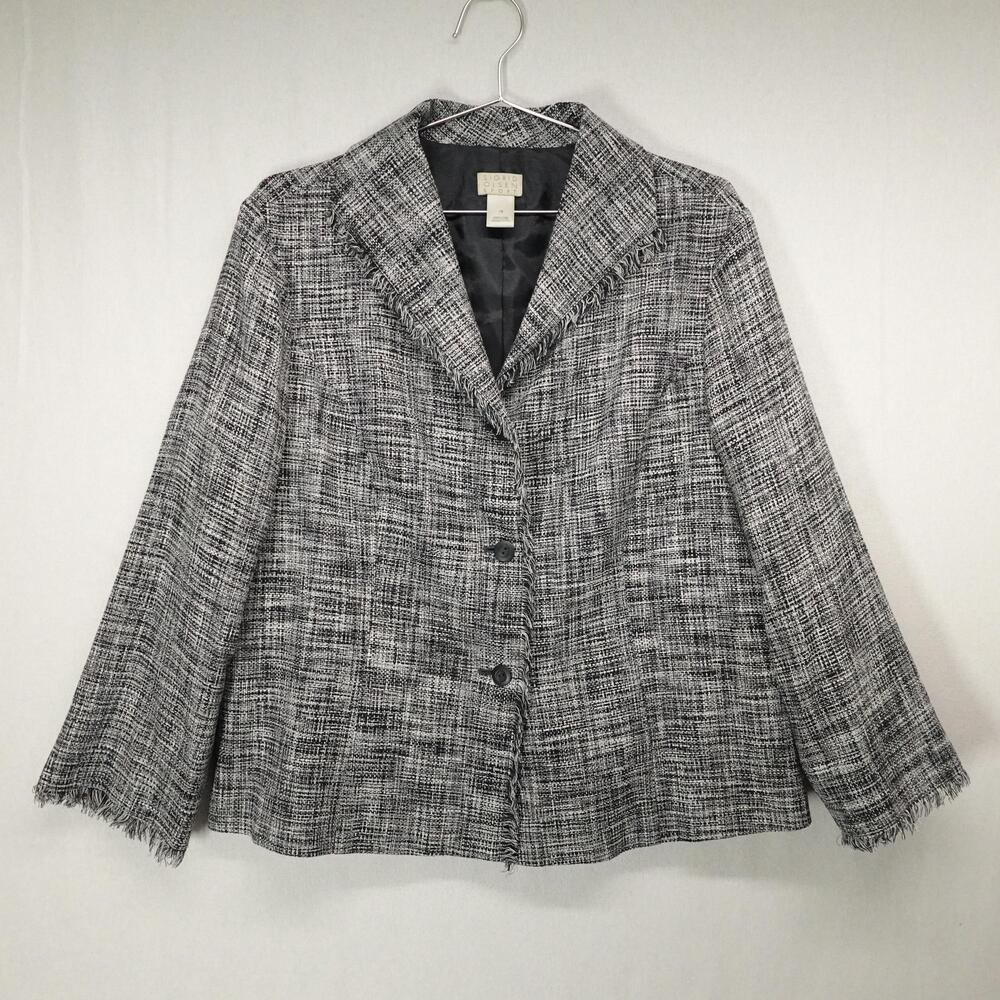 Sigrid Olsen Blazer Womens 16 Gray Silk Tweed Fringe Button Front Lined